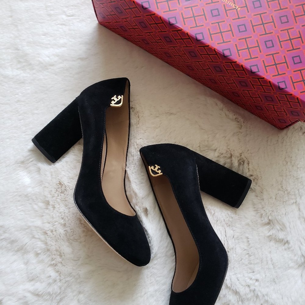 NIB Tory Burch Elizabeth 85mm Round Toe Suede Pump Black Size 5.5M